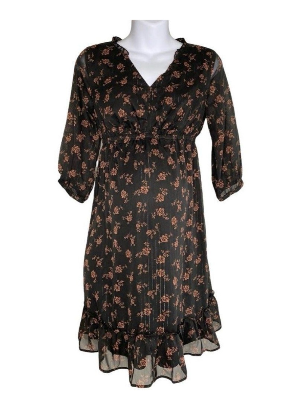 Maternity Black Floral Midi Dress with Ruffle Hem